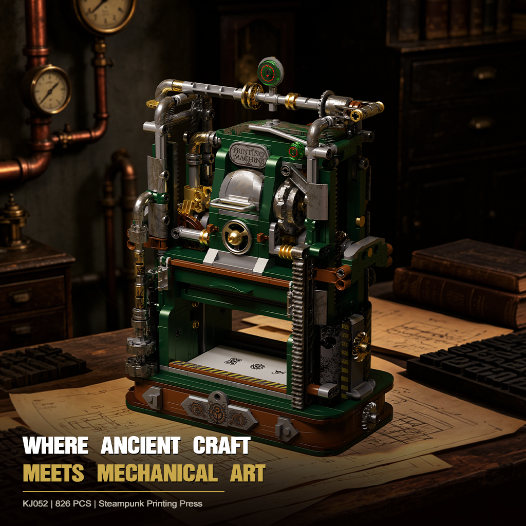 JAKI KJ052 Steampunk Printing Press building block set - 826 PCS retro printer mechanics model kit on vintage workbench	