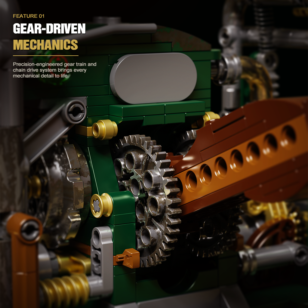 Close-up of gear-driven mechanics on JAKI KJ052 steampunk printing press building blocks with precision chain drive system	
