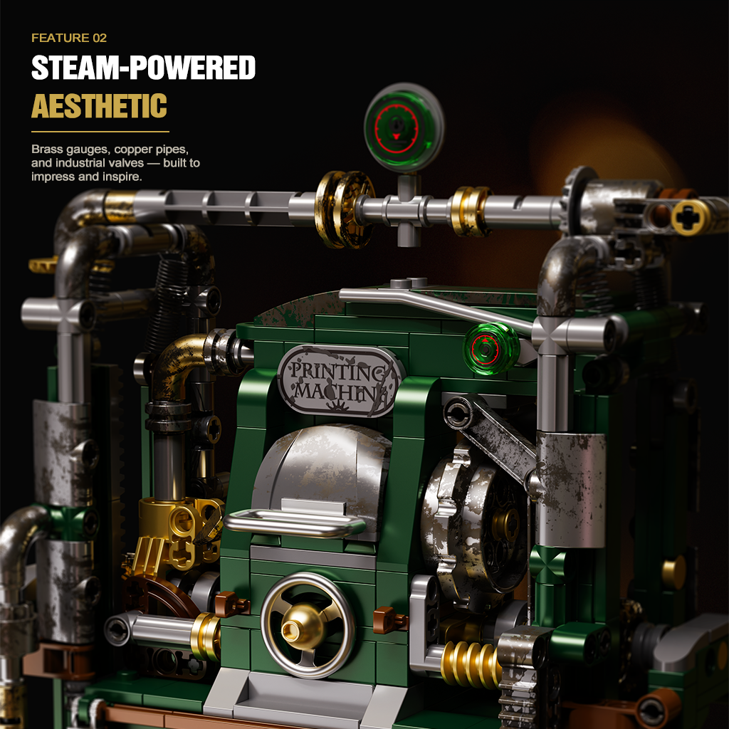 JAKI KJ052 retro printer mech brass gauges copper pipes and industrial valves steam-powered aesthetic detail	