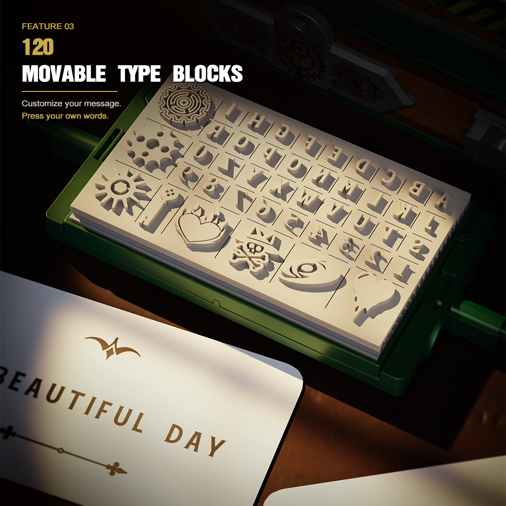 JAKI KJ052 printing press building blocks with 120 movable type blocks and custom printed card	