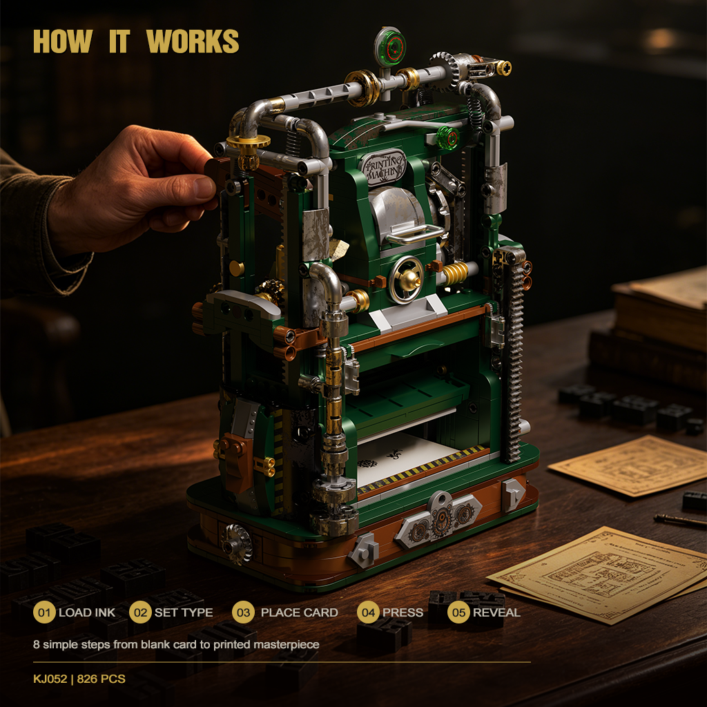 How JAKI KJ052 steampunk printing press works - load ink set type place card press and reveal printed masterpiece	