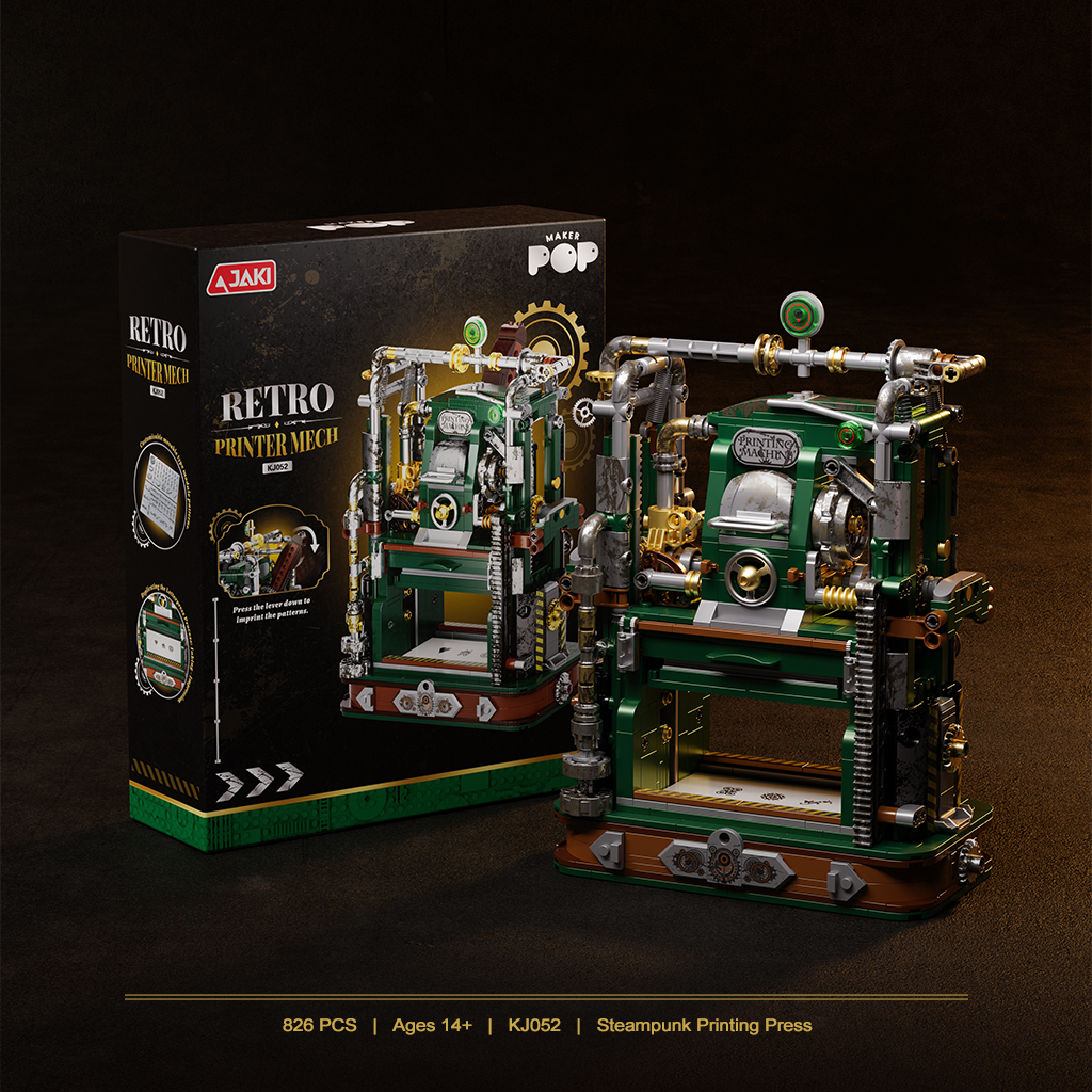 JAKI KJ052 Retro Printer Mech 826 PCS building block set box and assembled steampunk printing press model	